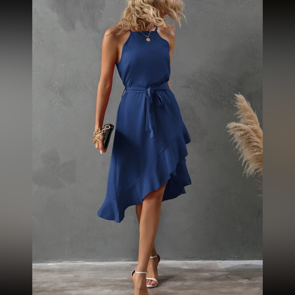 Luxe blue ruffle hem belted wrap cami dress